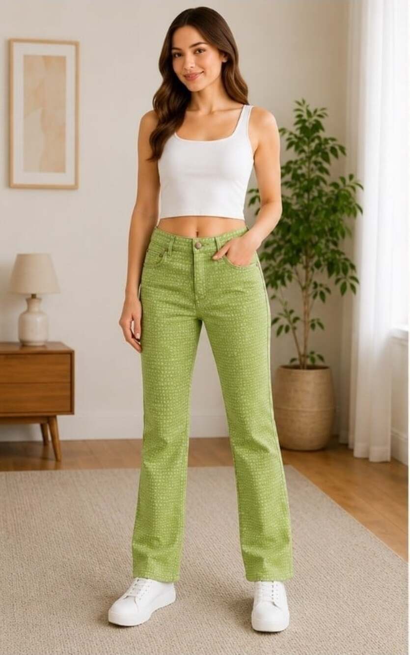 PLATINI JEANS COUGAR  ALL OVER LOGO Print Satin Flare Pants Sz 26  Nwt Green T50